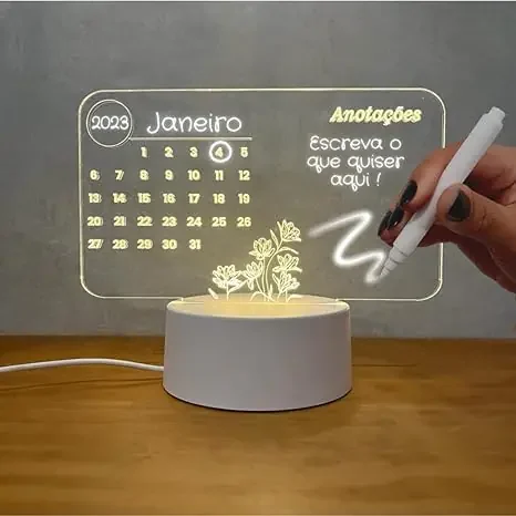 Luminária 3D calendário de Escrever tipo Lousa, Acrílico + Caneta