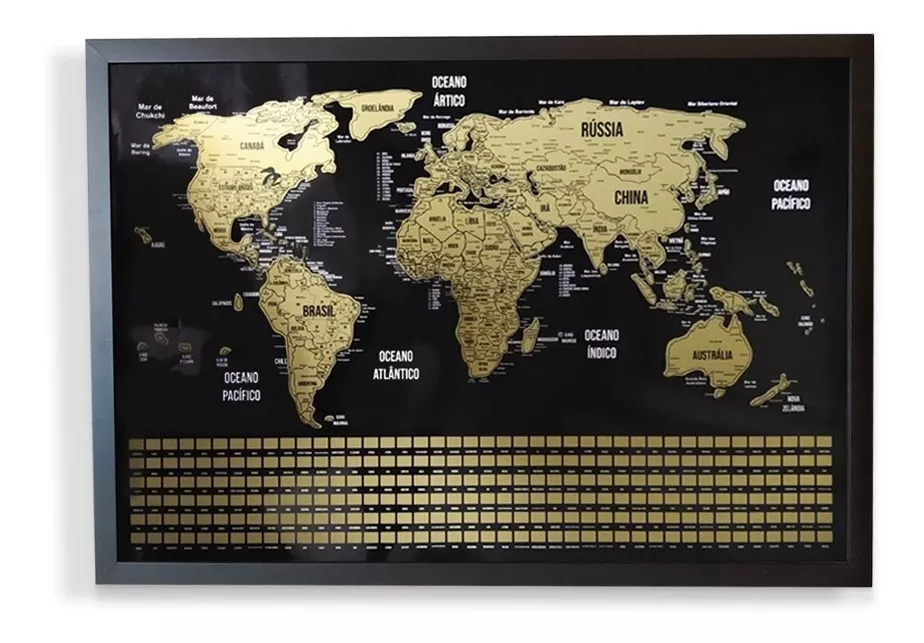 Mapa Mundi De Raspar Dourado Com Moldura Com Bandeiras 73x50
