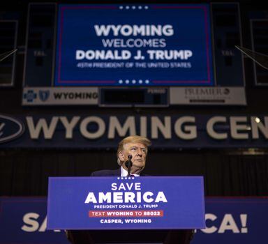 CASPER, WY - MAY 28: Former President Donald Trump speaks at a rally on May 28, 2022 in Casper, Wyoming. The rally is being held to support Harriet Hageman, Rep. Liz Cheney’s primary challenger in Wyoming.   Chet Strange/Getty Images/AFP
== FOR NEWSPAPERS, INTERNET, TELCOS & TELEVISION USE ONLY ==