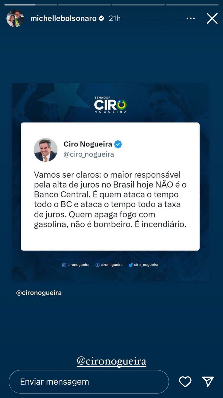 Michelle Bolsonaro repostou publicação de Ciro Nogueira sobre Banco Central e taxa de juros.