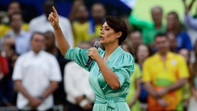 Brazilian first lady Michelle Bolsonaro speaks during President Jair BolsonaroÂ´s rally to launch his reelection bid, in Rio de Janeiro, Brazil, Sunday, July 24, 2022. Brazil's general elections are scheduled for Oct. 2, 2022. (AP Photo/Bruna Prado)