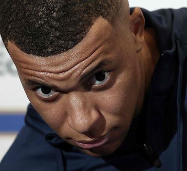 France's forward Kylian Mbappe reacts during a press conference at the Allianz Riviera Stadium in Nice, southeastern France on November 17, 2023 on the eve of the UEFA Euro 2024 group B qualifying match between France and Gibraltar. (Photo by FRANCK FIFE / AFP)