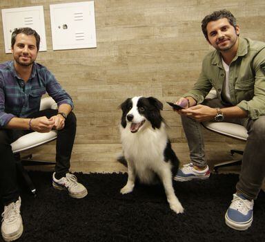 Os gêmeos Thadeu e Felipe Diz, da Zee.Dog e da Zee.Now, com o cachorro Lenus: aposta em app com entrega 24 horas por dia