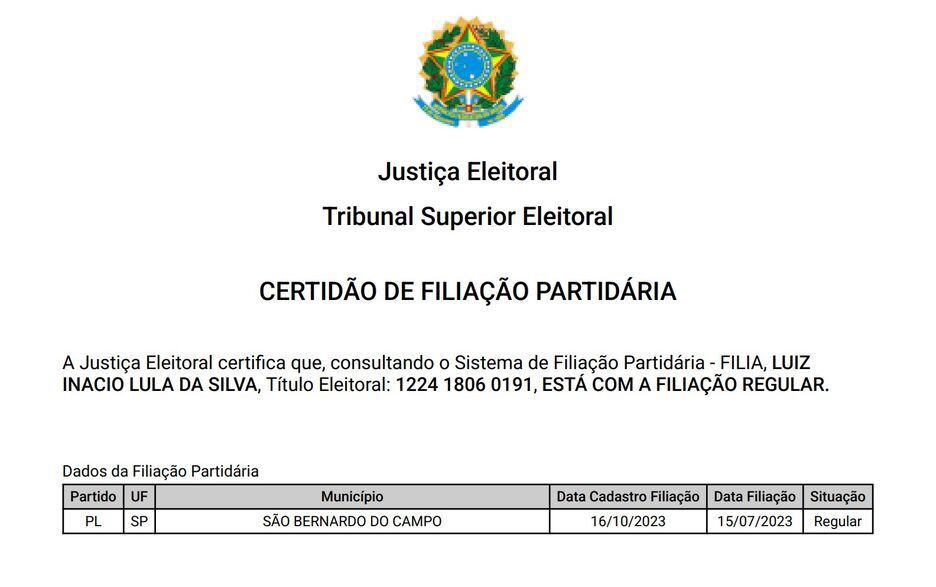 Certidão de filiação partidária mostra Lula filiado ao PL