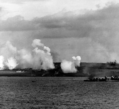 White phosphorus rounds burst ashore during the pre-invasion bombardment of the island of Iwo Jima, February 17, 1945.   Courtesy U.S. National Archives/U.S. Navy Photograph/Handout via REUTERS     ATTENTION EDITORS - THIS IMAGE HAS BEEN SUPPLIED BY A THIRD PARTY         PLEASE SEARCH "FROM THE FILES - 75TH ANNIVERSARY OF THE BATTLE OF IWO JIMAÓ FOR ALL PICTURES