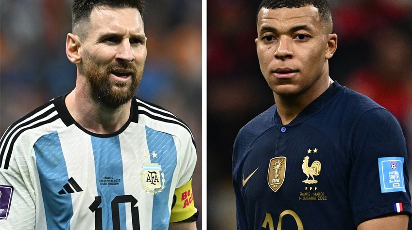 (COMBO) This combination photo created on December 15, 2022 during the Qatar 2022 World Cup football tournament shows Argentina's forward #10 Lionel Messi in Lusail, north of Doha on December 13, 2022 (L) andFrance's forward #10 Kylian Mbappe in Al Khor, north of Doha on December 14, 2022. - Argentina will play France in the Qatar 2022 World Cup football final match in Doha on December 18, 2022. (Photo by Gabriel BOUYS and Jewel SAMAD / AFP)