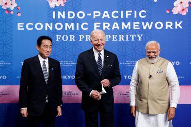 O presidente americano, Joe Biden, o premiê indiano, Narendra Modi, e o premiê japonês, Fumio Kishida, participam de encontro de lançamento da aliança em Tóquio