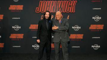 Keanu Reeves e Laurence Fishburne, na estreia em Los Angeles do filme John Wick: Baba Yaga. Foto: Chris Pizzello/Invision/AP