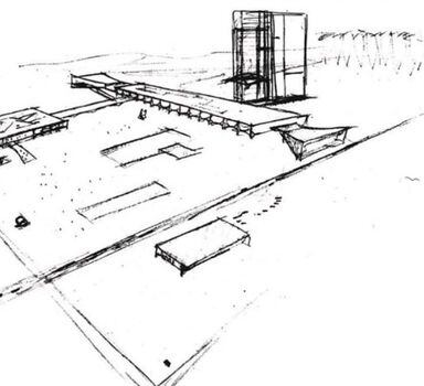 Rascunho de Oscar Niemeyer para projeto do Congresso Nacional sem cúpulas e com plenários projetados para as extremidades da estrutura horizontal. Acervo de Matheus Gorovitz
