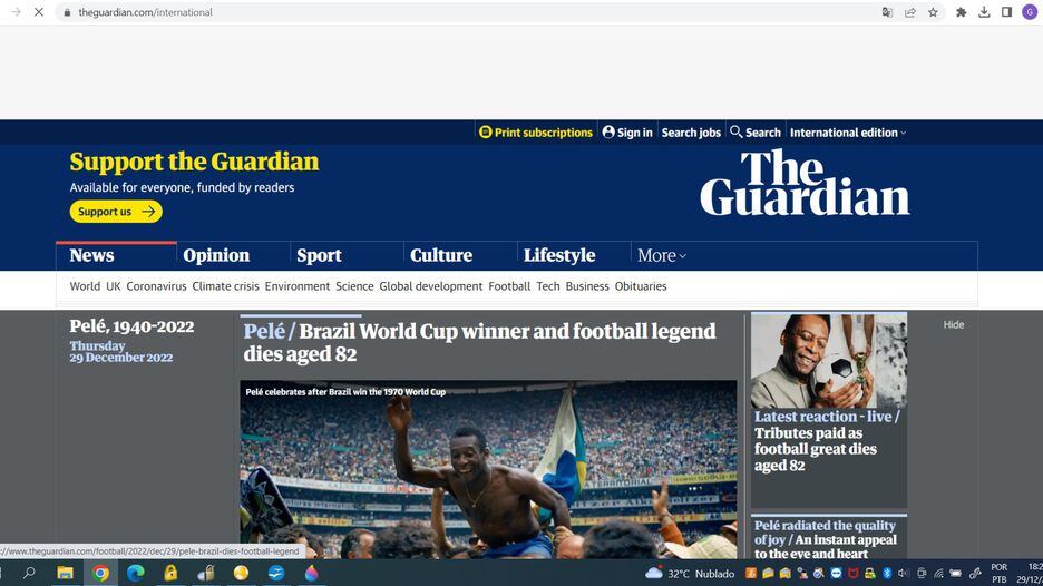 O jornal The Guardian destaca a capacidade técnica e física de Pelé