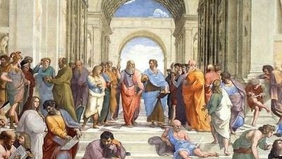
 Platão e Aristóteles retratados por Rafael Sanzio na "Escola de Atenas"
