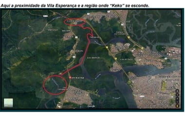 O mapa áreo da região da Vila esperança, em Cubatão, onde Keko se esconde