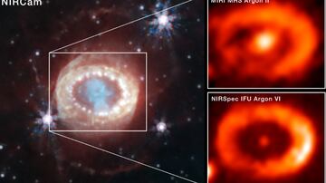 A imagem no canto superior direito mostra a luz do argônio ionizado individualmente e, no canto inferior direito, registro da luz do argônio ionizado multiplicado. Registros captaram um sinal forte vindo do centro do remanescente da supernova, que indicou aos cientistas a existência de uma provável estrela de nêutrons no local. Foto: NASA, ESA, CSA, STScI, C. Fransson (Universidade de Estocolmo), M. Matsuura (Universidade de Cardiff), MJ Barlow (University College London), PJ Kavanagh (Universidade Maynooth), J. Larsson (KTH Royal Institute of Technology