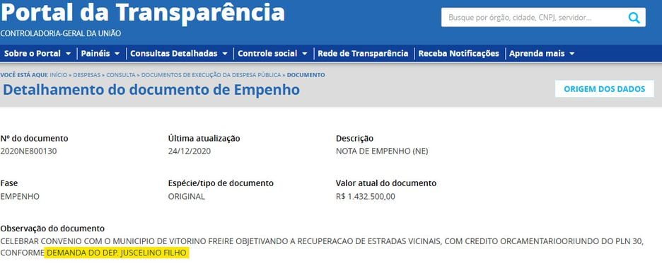 Nome de Juscelino Filho aparece nas notas de empenho que foram parar na empresa Mubarak, de um amigo dele, contratada para obras em Vitorino Freire, Maranhão.