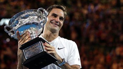 FILE - Switzerland's Roger Federer holds his trophy after defeating Croatia's Marin Cilic during the men's singles final at the Australian Open tennis championships in Melbourne, Australia, Sunday, Jan. 28, 2018. Federer announced Thursday, Sept.15, 2022 he is retiring from tennis. (AP Photo/Dita Alangkara, File)