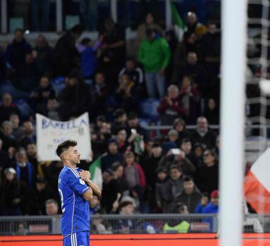 Italy's forward #22 Stephan El Shaarawy celebrates after scoring the team's fifth goal during the UEFA Euro 2024 qualifying Group C football match between Italy and North Macedonia at the Olympic Stadium in Rome on November 17, 2023. (Photo by Filippo MONTEFORTE / AFP)