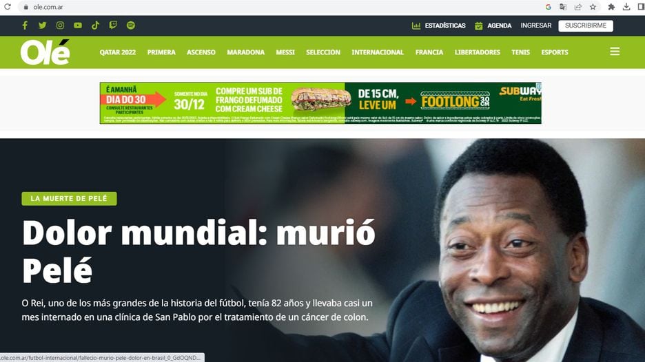 O jornal argentino Olé cita 'dor mundial' com a morte de Pelé