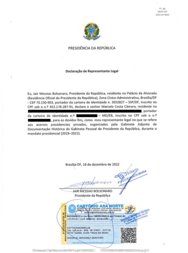 Procuração de Bolsonaro ao assessor Marcelo Câmara, autenticada em cartório, é de 16 de dezembro de 2022