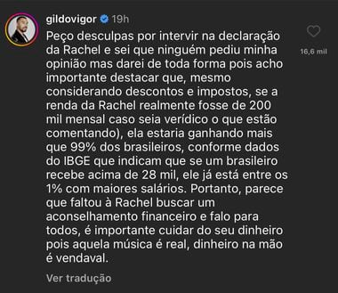 Gil do Vigor rebateu Rachel Sheherazade, que disse que não conseguira comprar casa com salário de R$ 200 mil.