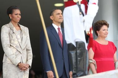 Michelle Obama em visita ao Brasil com o marido Barack Obama em 2011