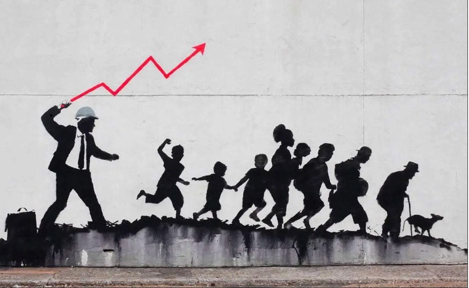 Grafite do inglês Banksy comentando o decrescimento global