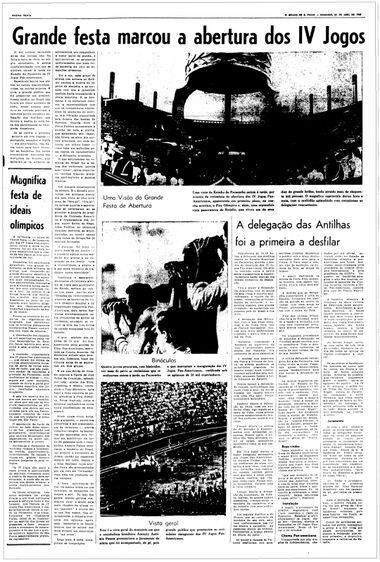 Página do Estadão de 21/4/1963 sobre a abertura dos Jogos Pan-Americanos de São Paulo.