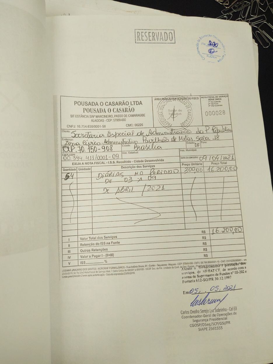 Nota fiscal da pousada onde ficaram os seguranças que acompanharam Michelle Bolsonaro em São Miguel dos Milagres.