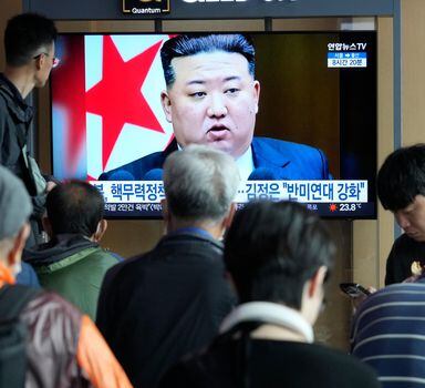 A TV screen shows an image of North Korean leader Kim Jong Un during a news program at the Seoul Railway Station in Seoul, South Korea, Thursday, Sept. 28, 2023. Kim called for an exponential increase in production of nuclear weapons and for his country to play a larger role in a coalition of nations confronting the United States in a "new Cold War," state media said Thursday. (AP Photo/Ahn Young-joon)