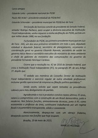 Carta assinada por Marcus Pestana, ex-secretário-geral do PSDB, com pedido de desfiliação do partido.