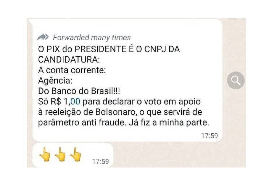 Pedido de doação "antifraude" circula em grupos de apoio ao presidente Jair Bolsonaro.