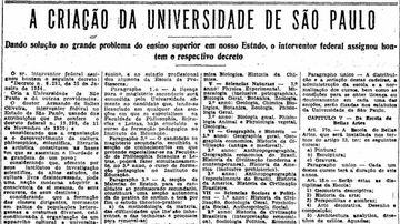 Decreto de criação da Universidade de São Paulo no Estadão de 26/1/1934. Foto: Acervo Estadão