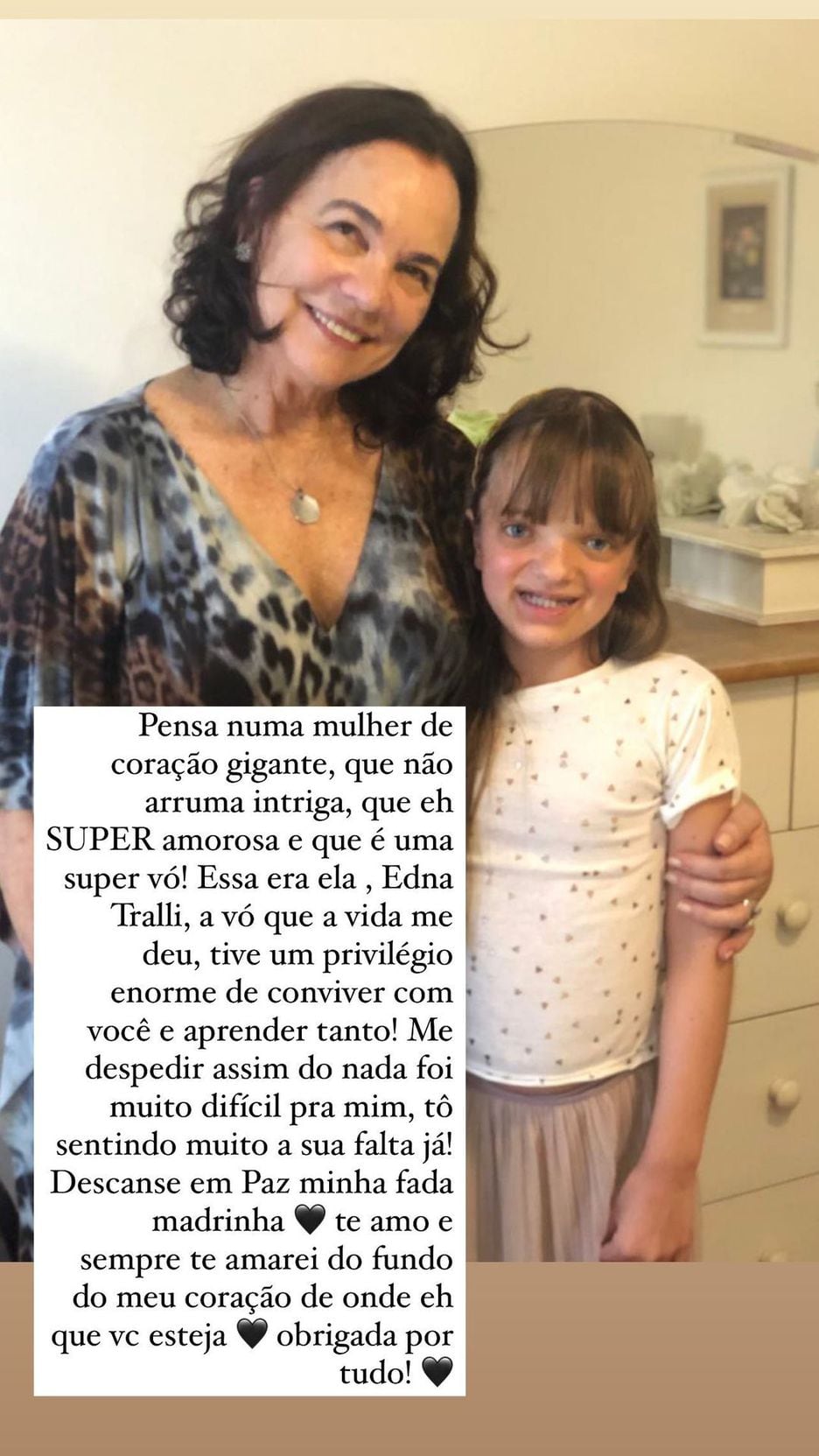 Rafaella Justus, filha de Ticiane Pinheiro, também homenageou Edna Tralli nas redes sociais.