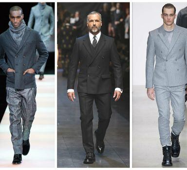 O blazer de seis botões nas passarelas deGiorgio Armani, Dolce & Gabbana e Calvin Klein Collection: opção elegante para produções formais e casuais