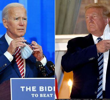 O candidato democrata Joe Biden e o republicano Donald Trump no momento em que tiram as máscaras do rosto emDelaware e na Casa Branca, respectivamente.