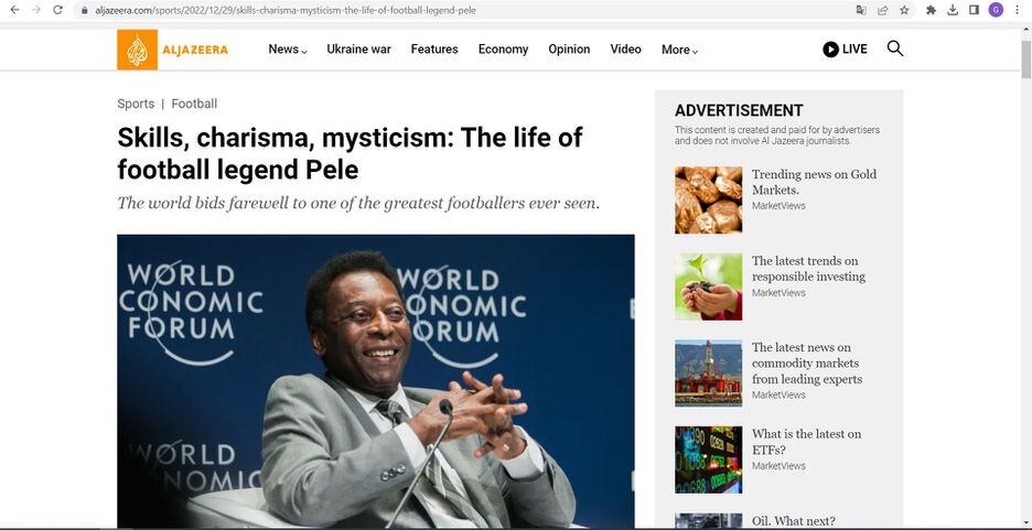 A Al Jazeera também dedicou a manchete para a morte de Pelé