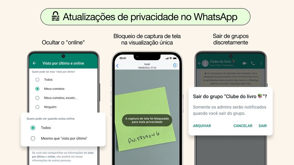 WhatsApp anuncia recursos de privacidade, como saída silenciosa de grupos e omissão de status de online