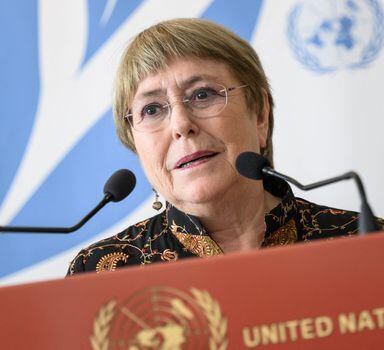 United Nations High Commissioner for Human Rights Michelle Bachelet addresses the press on the opening day of the 50th session of the UN Human Rights Council, in Geneva on June 13, 2022. - UN rights chief Michelle Bachelet announced that she will not seek a second term, ending months of speculation about her intentions and amid growing criticism of her lax stance on rights abuses in China. (Photo by Fabrice COFFRINI / AFP)
