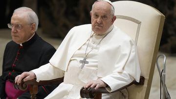 Papa Francisco durante a sua audiência semanal na Sala Paulo VI, no Vaticano.
