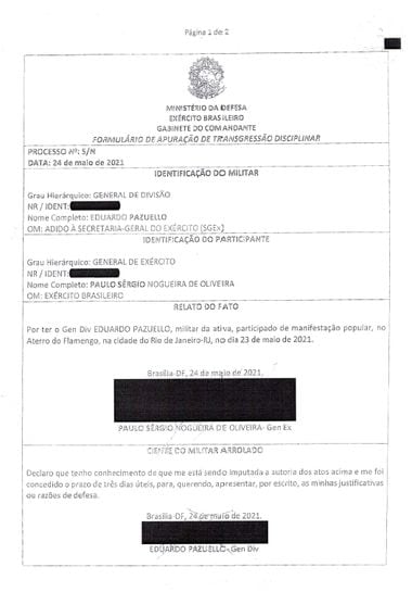 Página do processo envolvendo o ex-ministro Eduardo Pazuello e que estava em sigilo. Tarjas foram aplicadas pelo Exército para tampar as assinaturas do militar e do comandante do Exército