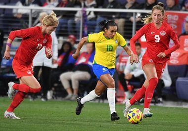 Feb 19, 2023; Nashville, Tennessee, USA; Brazil forward Marta (10) moves the ball in the offensive zone during the second half against Canada at Geodis Park. Mandatory Credit: Christopher Hanewinckel-USA TODAY Sports