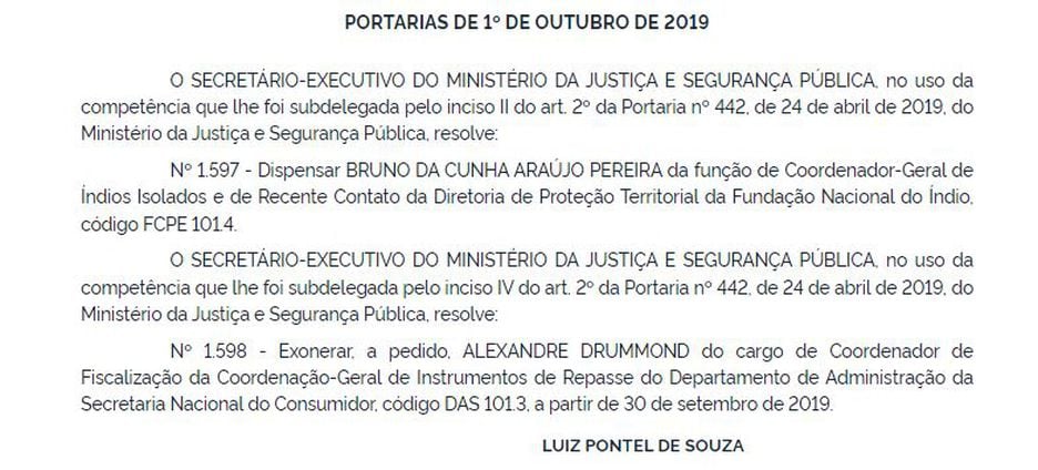 A dispensa de Bruno Pereira do posto de lideranÃ§a na Funai foi efetivada no inÃ­cio de outubro de 2019 pelo entÃ£o secretÃ¡rio-executivo do MinistÃ©rio da JustiÃ§a.