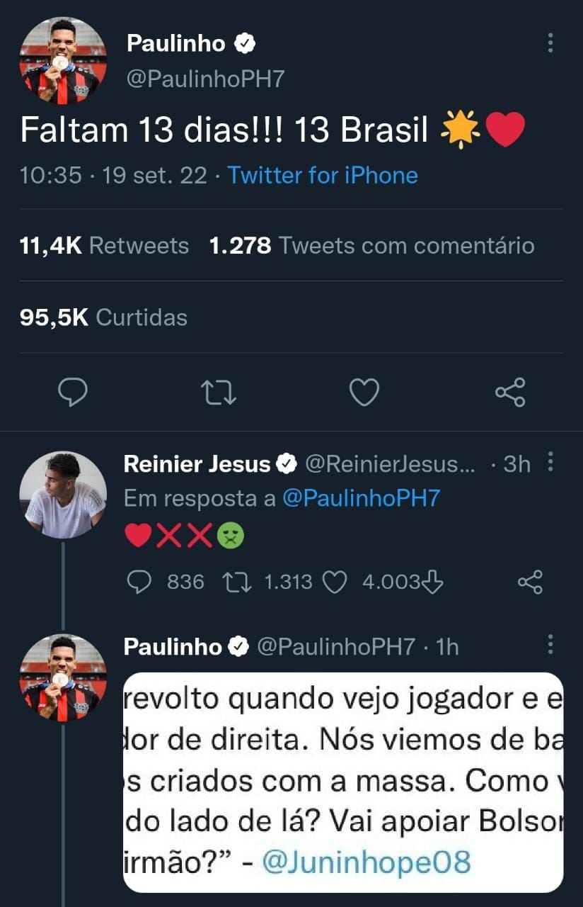 Lula x Bolsonaro: Paulinho e Reinier divergem no Twitter sobre voto -  Superesportes