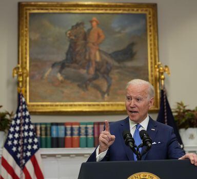 President Joe Biden delivers remarks supporting Ukrainians in the Roosevelt Room of the White House in Washington, on Thursday, April 28, 2022. (Doug Mills/The New York Times)