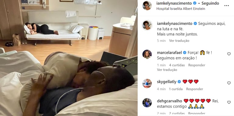 Kely Nascimento, filha de Pelé, publicou foto ao lado do pai que teve piora clínica e está internado desde o dia 29 de novembro