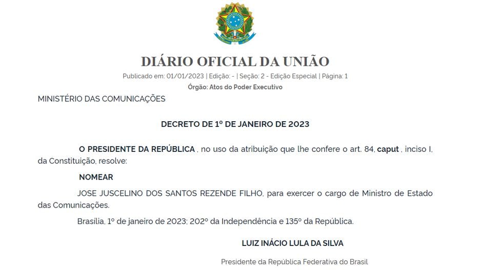 Lula nomeou Juscelino Filho como ministro das Comunicações.