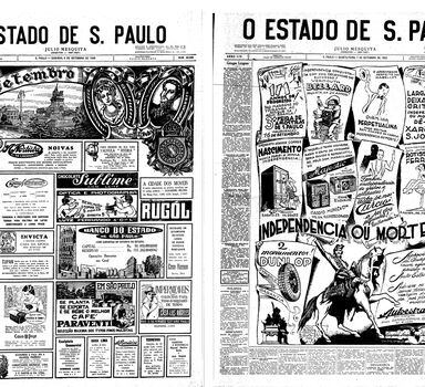 Capas do Estadão de 1936 e 1933 com anúncios publicitários relacionados ao Dia da Independência do Brasil.