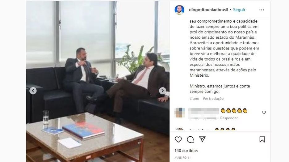 Diogo Tito publicou um registro do encontro com o ministro das Comunicações, Juscelino Filho, no gabinete da pasta em 11 de janeiro