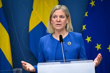 A primeira-ministra da Suécia, Magdalena Andersson, durante coletiva de imprensa em que anunciou a decisão do governo de aderir à Otan Foto: Henrik Montgomery/TT News Agency via AP
