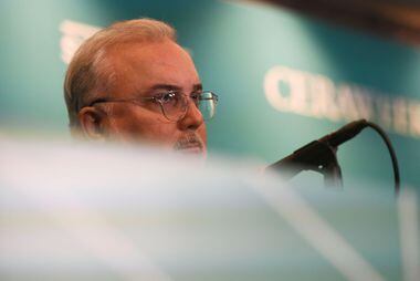 Jean Paul Prates, presidente da Petrobras, durante coletiva de imprensa em Houston, Texas