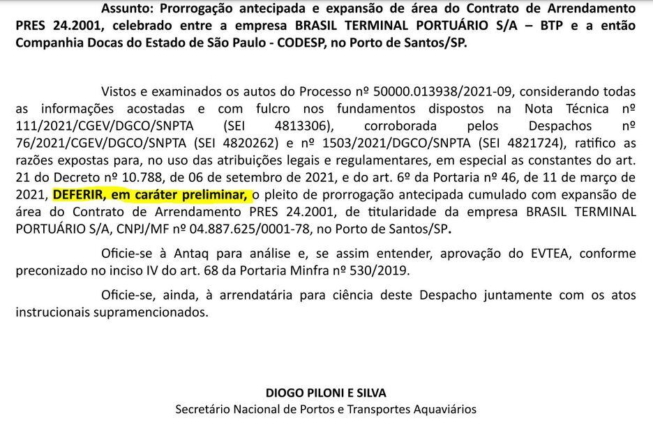 Ato assinado pelo então secretário Diogo Piloni que autorizou a prorrogação do arrendamento da área da BTP no Porto de Santos. Foto: Reprodução do sistema eletrônico de informações do governo federal